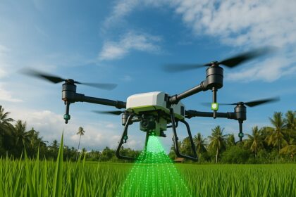 Drone agrícola sobrevoa lavoura com sensores de monitoramento.